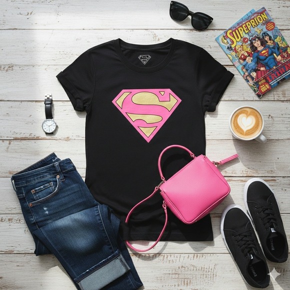 DC Comics Other - Kids Girls Black Superman Logo Pink Gold Graphic T Shirt Top Size 10‎ 12